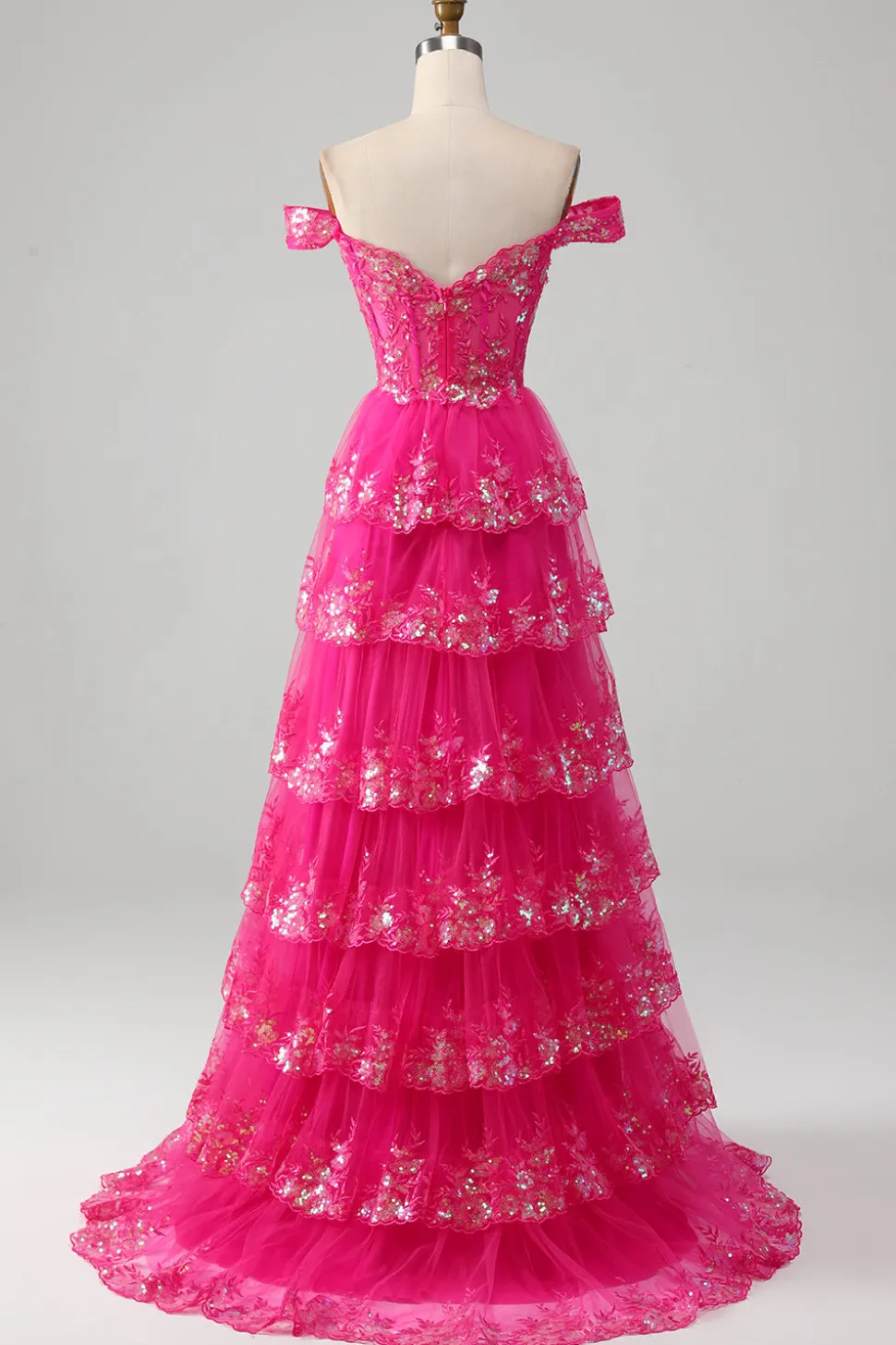 Princesa Uma linha fora do ombro preto rosa longo vestido de baile com renda em camadas
