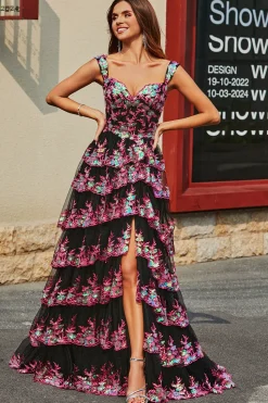 Princesa Uma linha fora do ombro preto rosa longo vestido de baile com renda em camadas