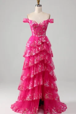 Princesa Uma linha fora do ombro preto rosa longo vestido de baile com renda em camadas