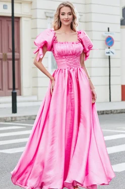 Princesa Uma Linha Pescoço Quadrado Hot Pink Long Prom Dress com mangas Puff