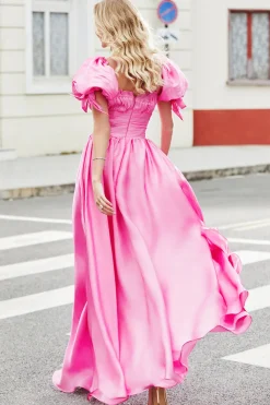 Princesa Uma Linha Pescoço Quadrado Hot Pink Long Prom Dress com mangas Puff