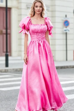 Princesa Uma Linha Pescoço Quadrado Hot Pink Long Prom Dress com mangas Puff