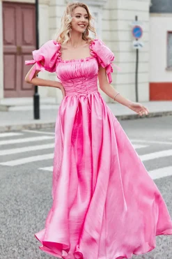 Princesa Uma Linha Pescoço Quadrado Hot Pink Long Prom Dress com mangas Puff