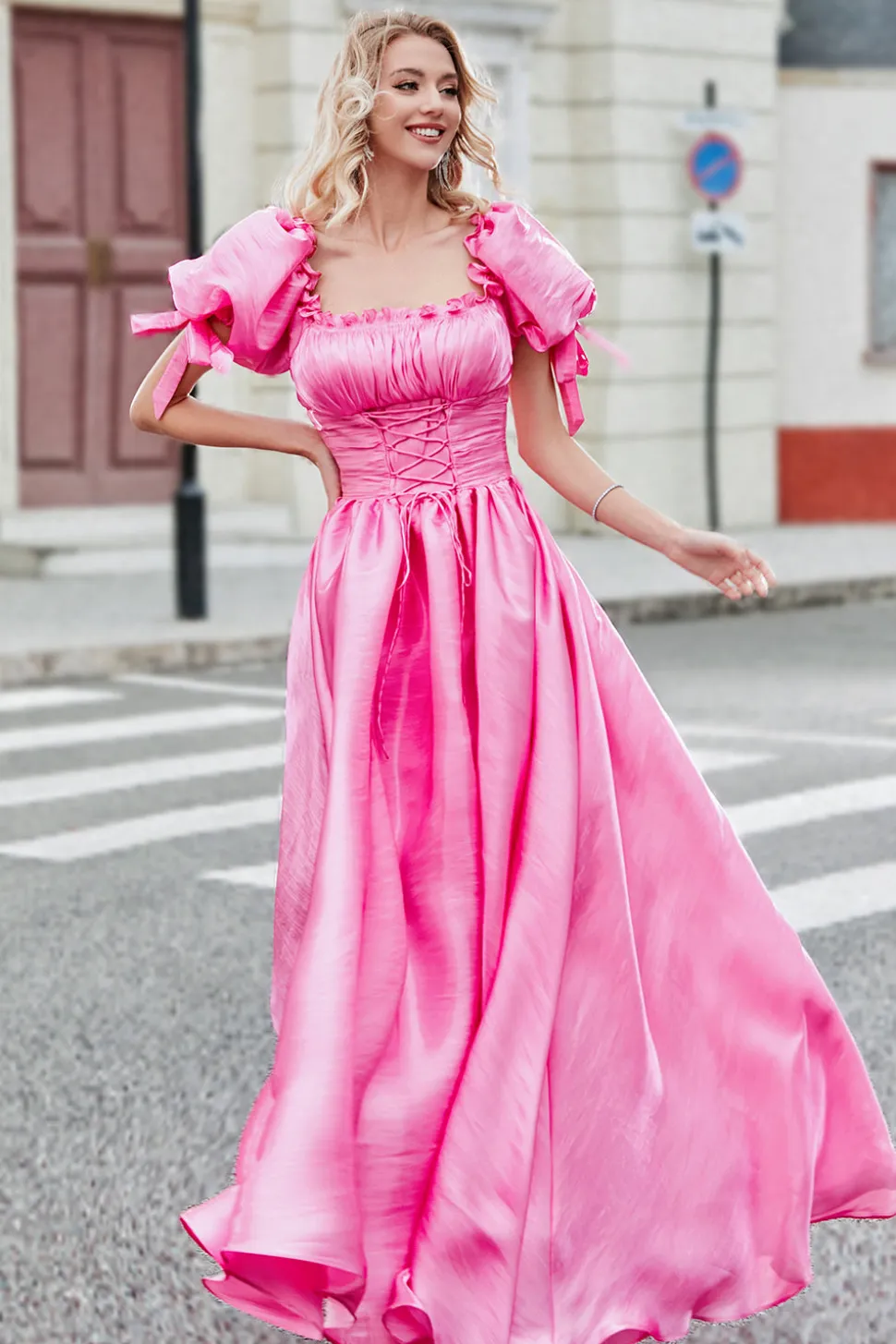 Princesa Uma Linha Pescoço Quadrado Hot Pink Long Prom Dress com mangas Puff