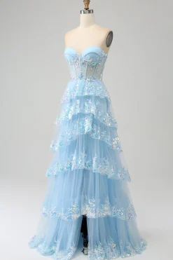 Princesa Uma linha querida lavanda espartilho vestido de baile com renda em camadas