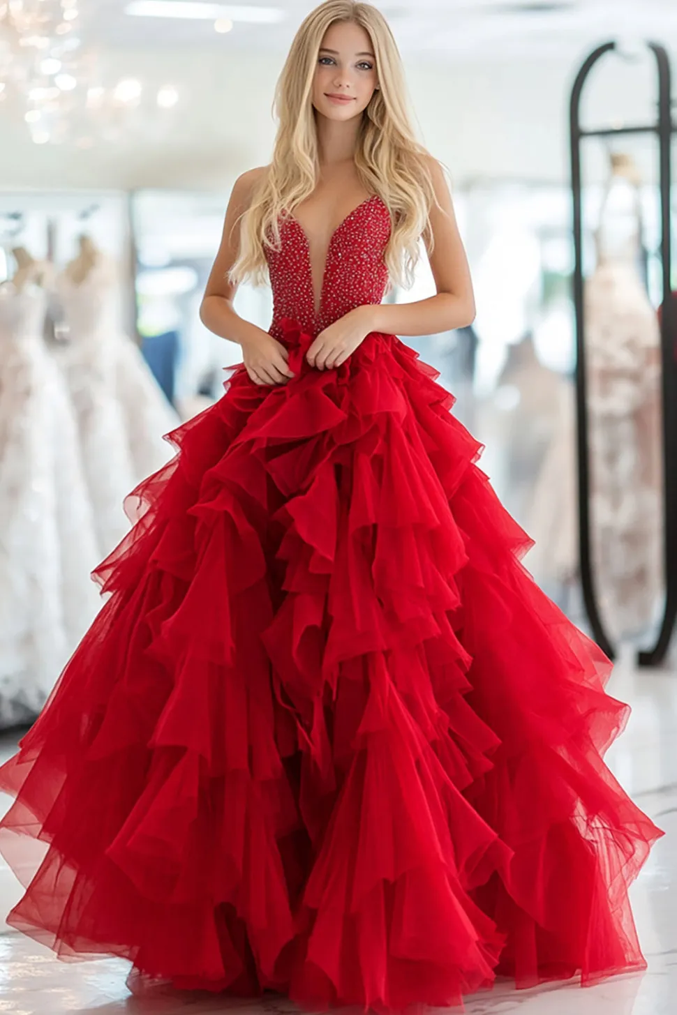 Princesa Vermelha Deep-V Pescoço Tule Tiered Long Prom Dress com Missangas