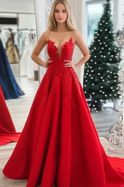 Princesa Vermelha Querida Cetim Applique Long Prom Dress