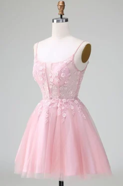Princess Blush Applique Tulle Uma Linha Vestido Curto Homecoming
