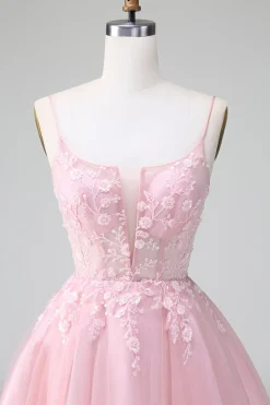 Princess Blush Applique Tulle Uma Linha Vestido Curto Homecoming