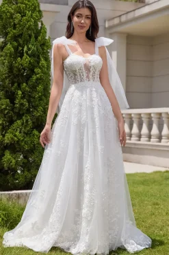 Princess White A-Line Lace Up Tulle Corset Vestido de Noiva com Appliques Lace