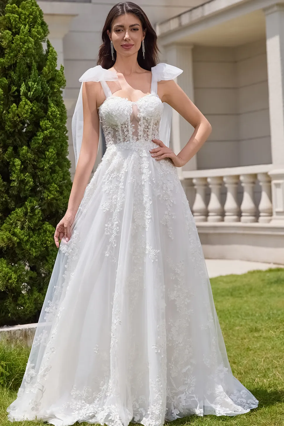 Princess White A-Line Lace Up Tulle Corset Vestido de Noiva com Appliques Lace