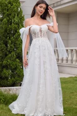 Princess White A-Line Lace Up Tulle Corset Vestido de Noiva com Appliques Lace
