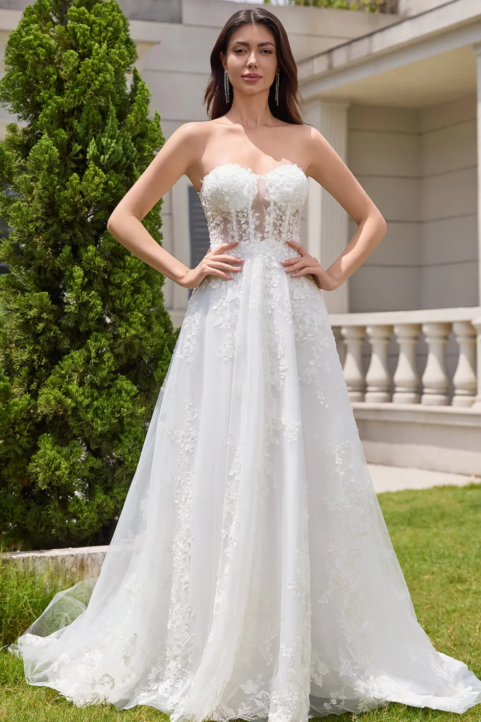 Princess White A-Line Lace Up Tulle Corset Vestido de Noiva com Appliques Lace