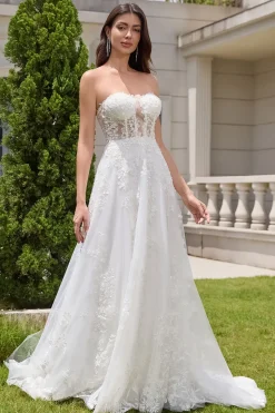 Princess White A-Line Lace Up Tulle Corset Vestido de Noiva com Appliques Lace
