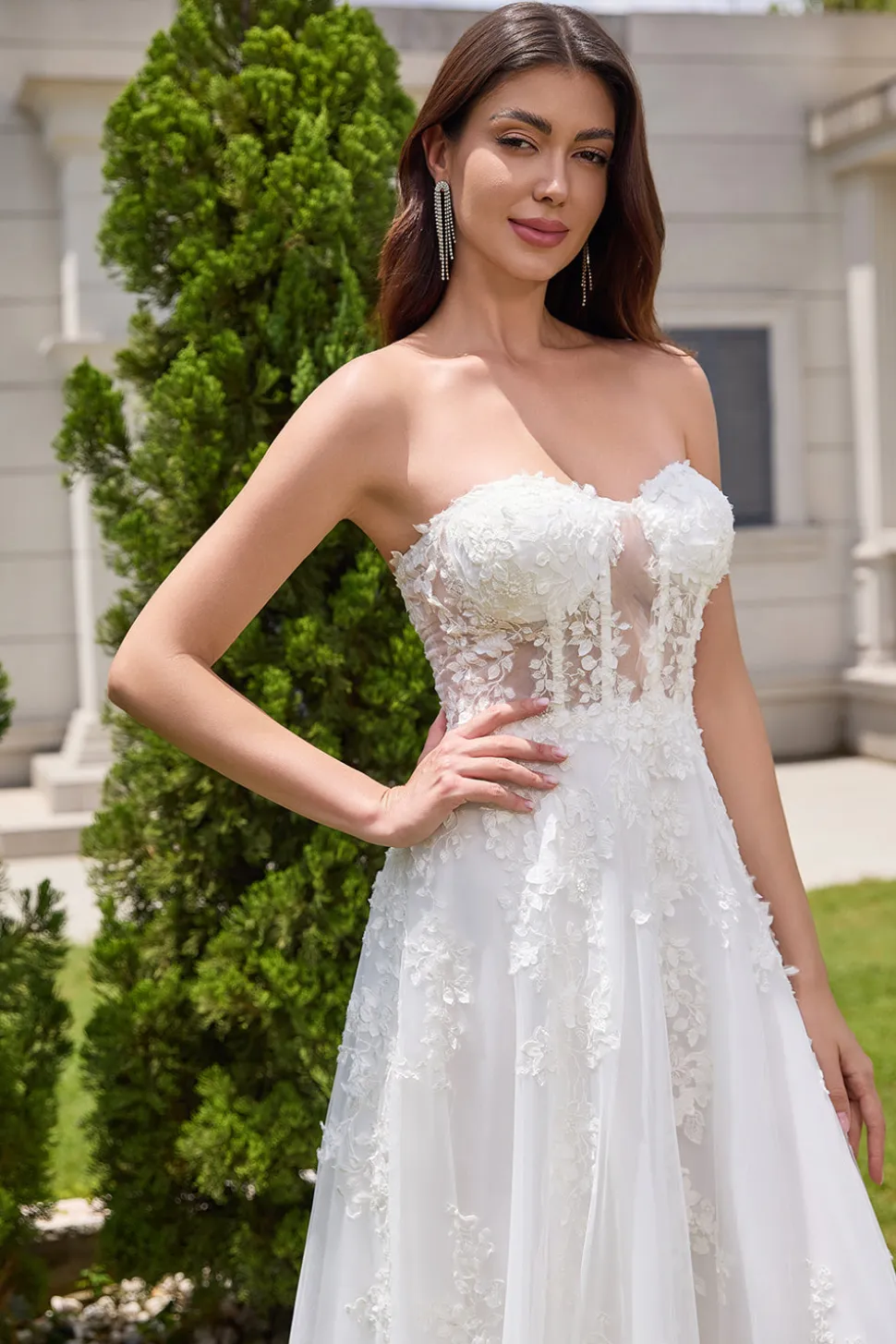 Princess White A-Line Lace Up Tulle Corset Vestido de Noiva com Appliques Lace