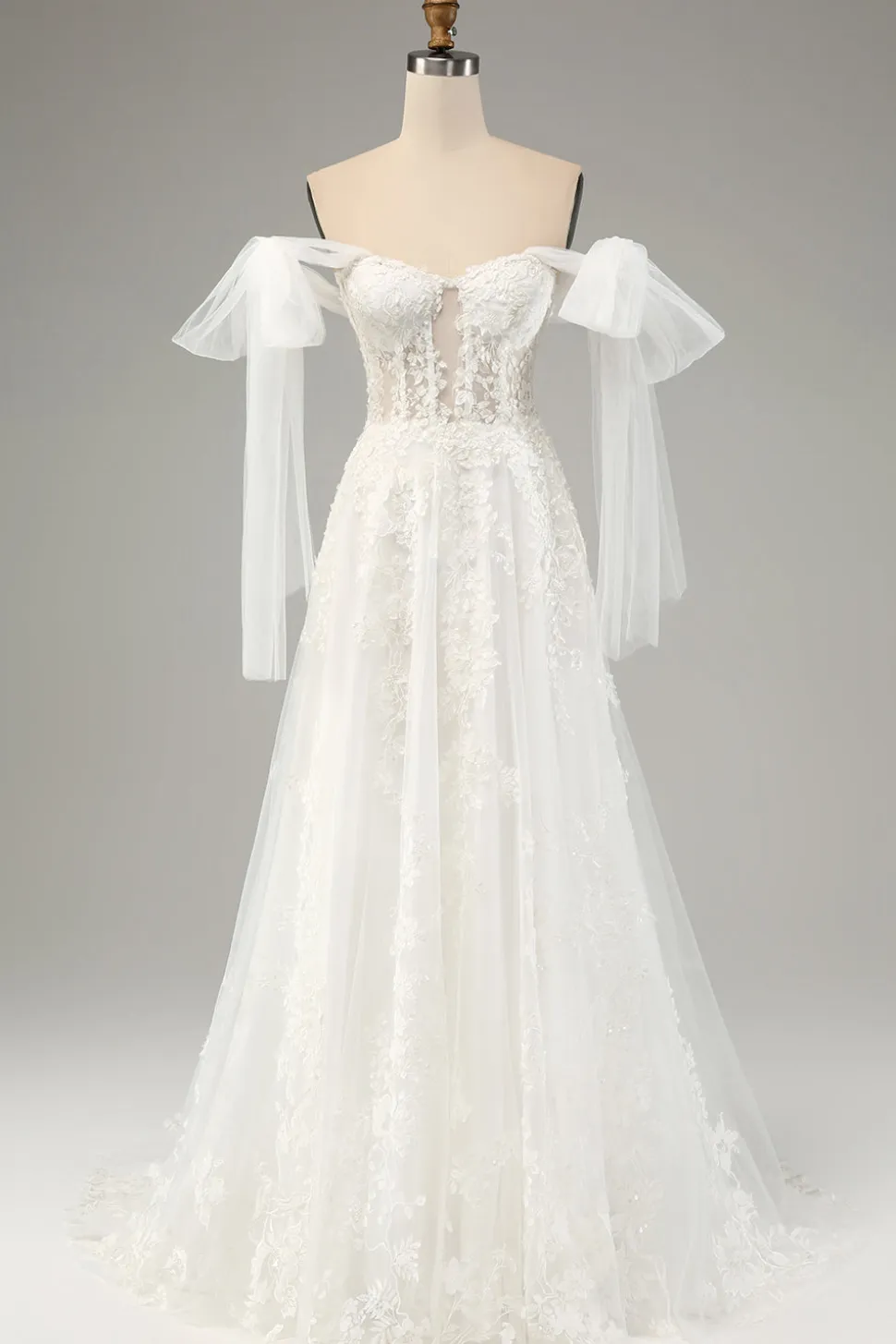 Princess White A-Line Lace Up Tulle Corset Vestido de Noiva com Appliques Lace