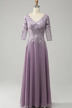 Púrpura Chiffon Vestido Mãe de Noiva com Renda