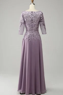 Púrpura Chiffon Vestido Mãe de Noiva com Renda