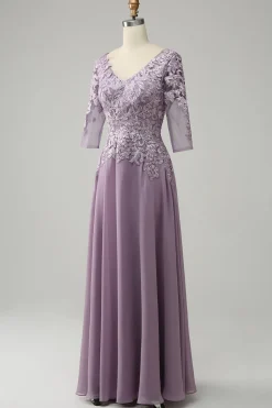 Púrpura Chiffon Vestido Mãe de Noiva com Renda