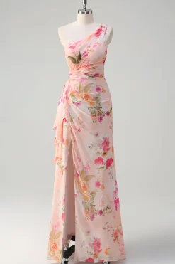 Pêssego Floral Um Ombro Sem Mangas Estampa Longo Vestido de Baile