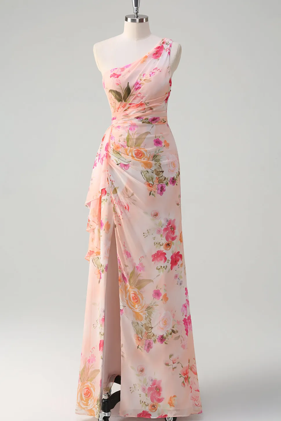 Pêssego Floral Um Ombro Sem Mangas Estampa Longo Vestido de Baile