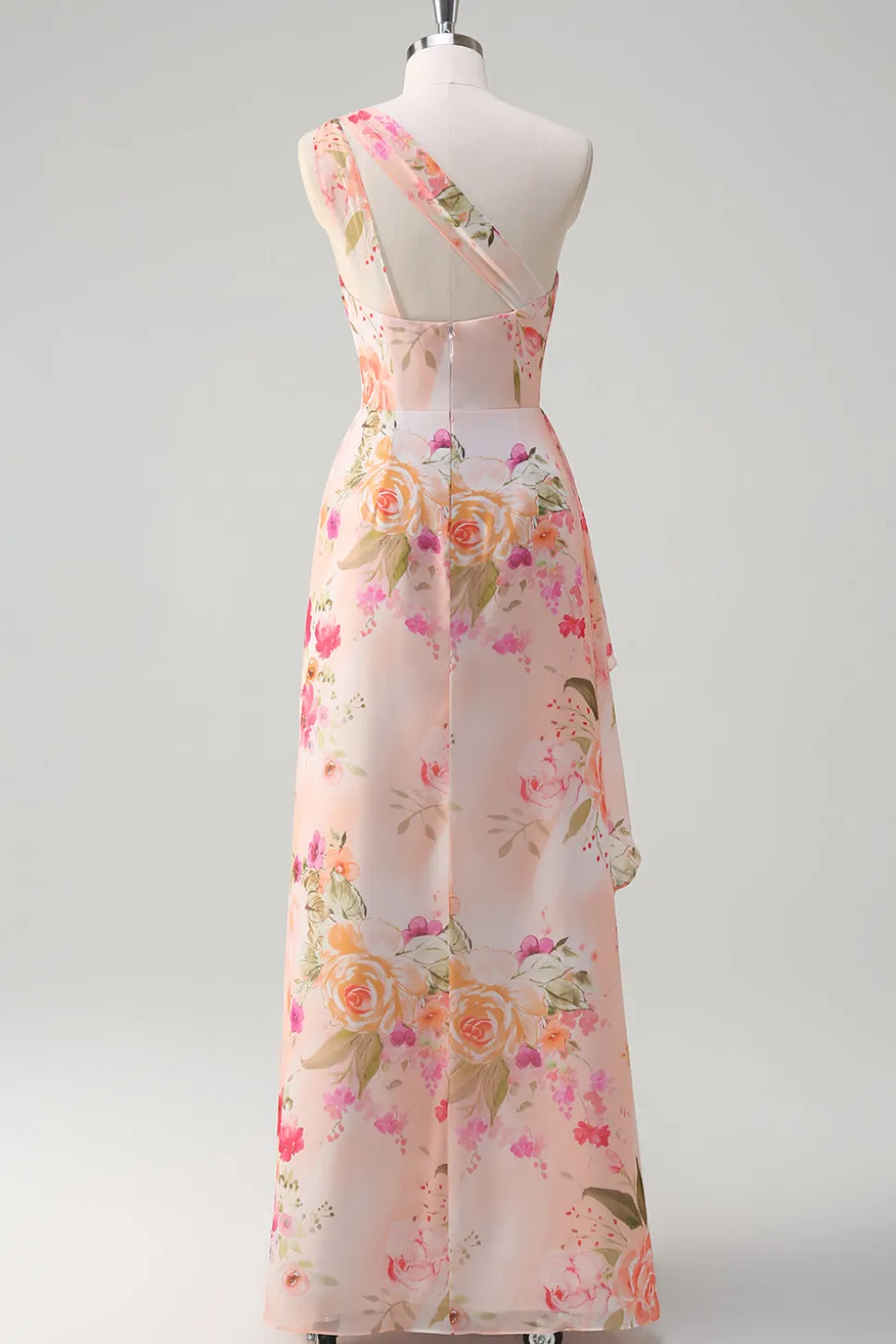 Pêssego Floral Um Ombro Sem Mangas Estampa Longo Vestido de Baile