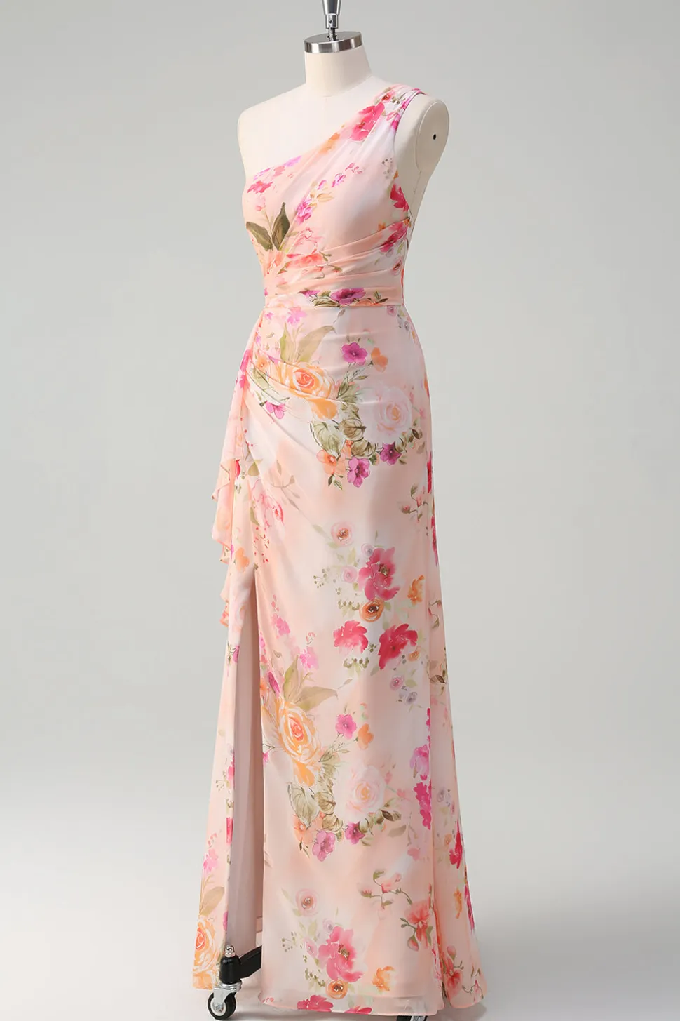 Pêssego Floral Um Ombro Sem Mangas Estampa Longo Vestido de Baile