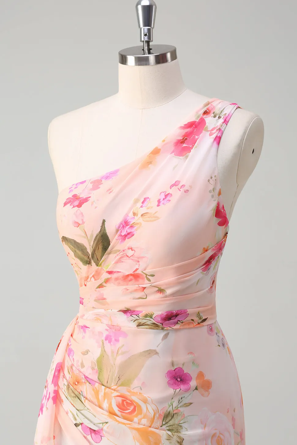 Pêssego Floral Um Ombro Sem Mangas Estampa Longo Vestido de Baile