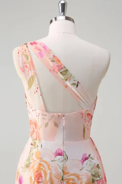 Pêssego Floral Um Ombro Sem Mangas Estampa Longo Vestido de Baile