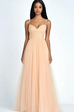Pêssego Linha-A Alças Finas Longo Tule Vestidos Cerimónia