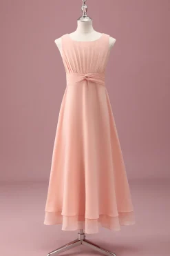 Pêssego Pescoço Quadrado Plissado Chiffon Uma Linha Junior Vestido Madrinha