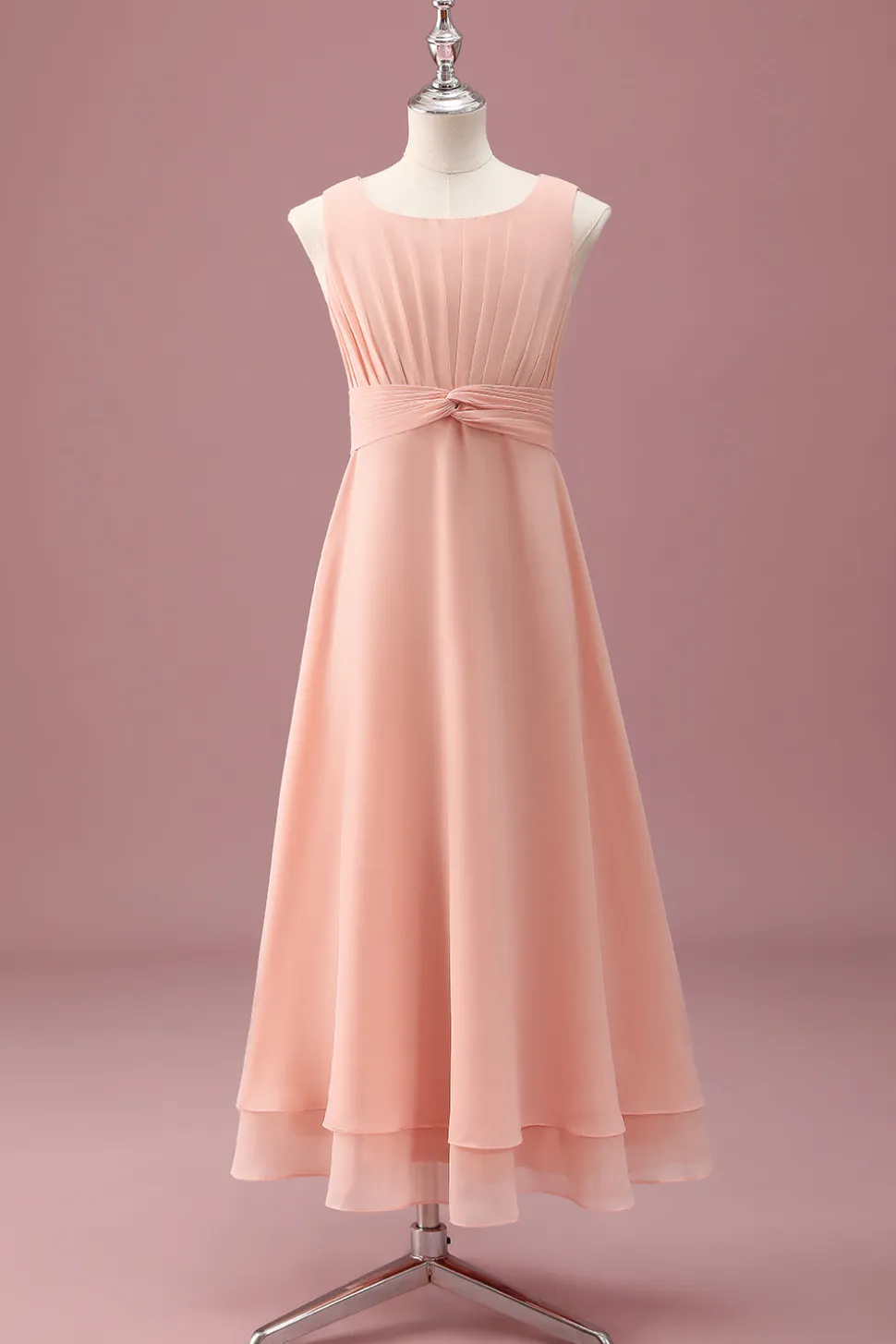 Pêssego Pescoço Quadrado Plissado Chiffon Uma Linha Junior Vestido Madrinha