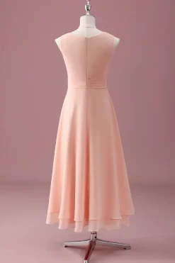 Pêssego Pescoço Quadrado Plissado Chiffon Uma Linha Junior Vestido Madrinha