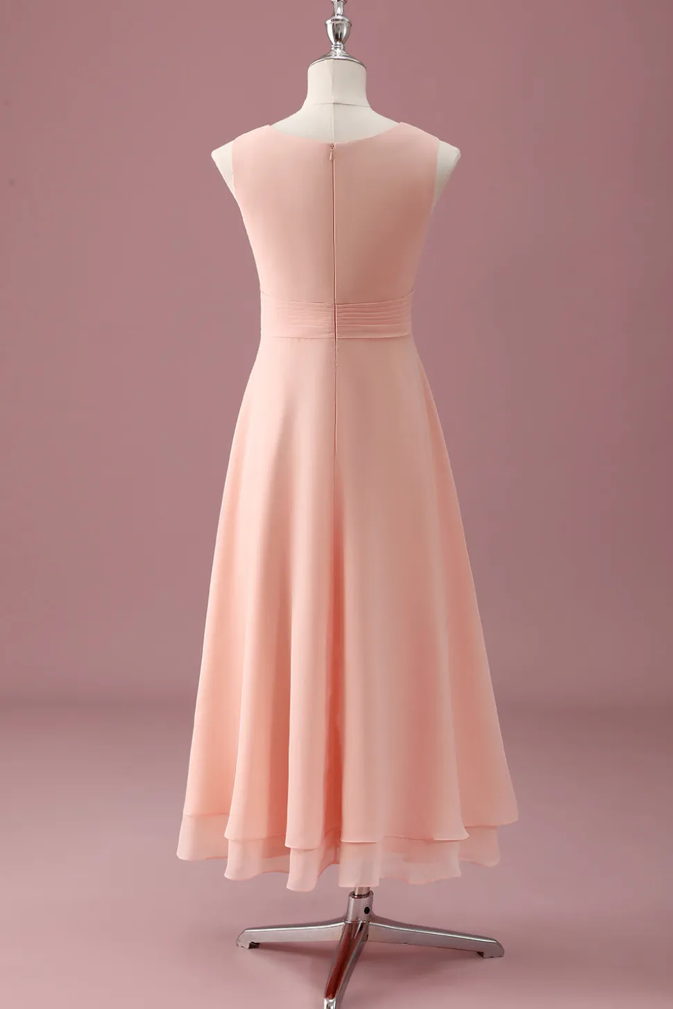 Pêssego Pescoço Quadrado Plissado Chiffon Uma Linha Junior Vestido Madrinha