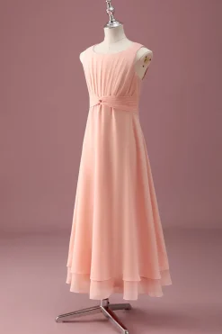 Pêssego Pescoço Quadrado Plissado Chiffon Uma Linha Junior Vestido Madrinha