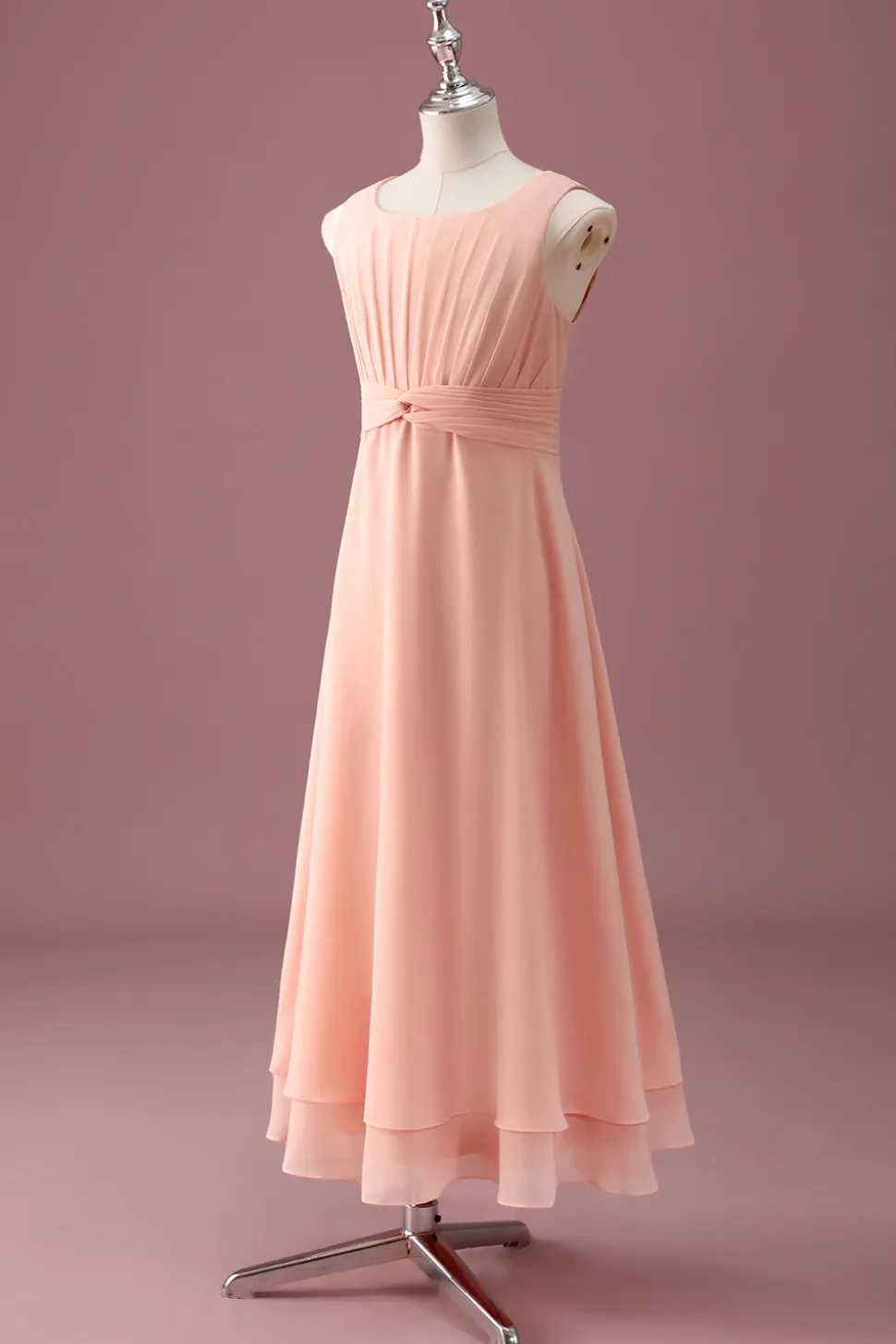 Pêssego Pescoço Quadrado Plissado Chiffon Uma Linha Junior Vestido Madrinha