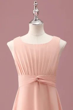Pêssego Pescoço Quadrado Plissado Chiffon Uma Linha Junior Vestido Madrinha