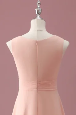 Pêssego Pescoço Quadrado Plissado Chiffon Uma Linha Junior Vestido Madrinha