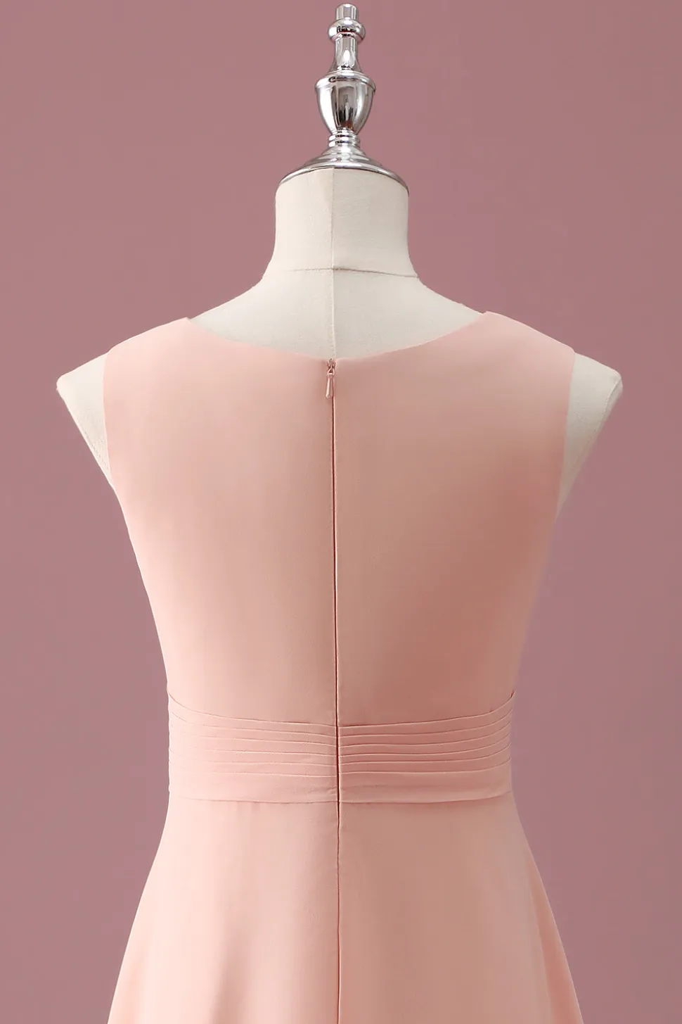 Pêssego Pescoço Quadrado Plissado Chiffon Uma Linha Junior Vestido Madrinha