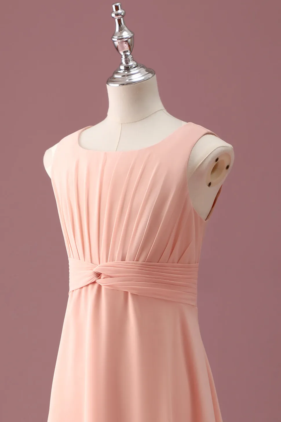 Pêssego Pescoço Quadrado Plissado Chiffon Uma Linha Junior Vestido Madrinha
