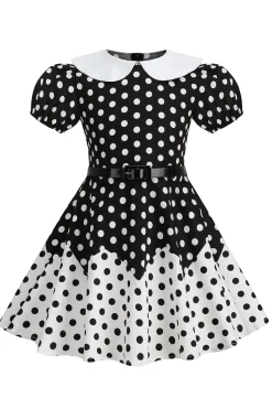 Puff Mangas Polka Dots Preto Uma Linha Vestido Feminino