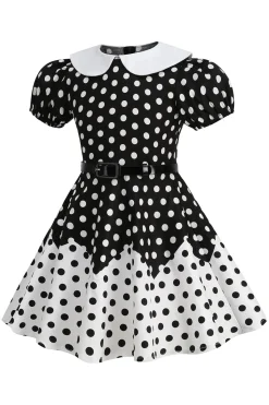 Puff Mangas Polka Dots Preto Uma Linha Vestido Feminino