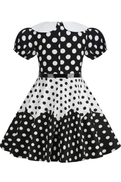 Puff Mangas Polka Dots Preto Uma Linha Vestido Feminino