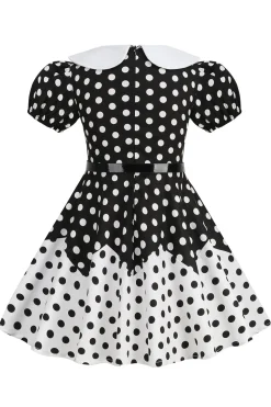 Puff Mangas Polka Dots Preto Uma Linha Vestido Feminino