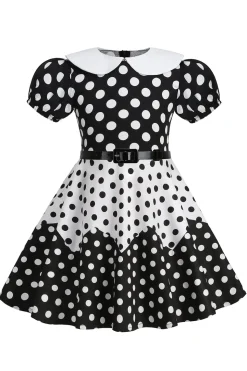 Puff Mangas Polka Dots Preto Uma Linha Vestido Feminino