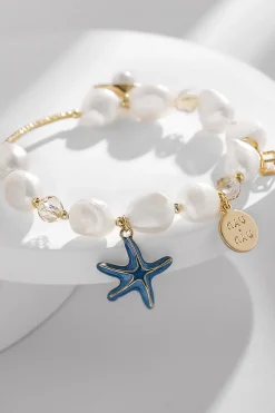 Pulseira de pérola de estrela-do-mar-de-concha azul