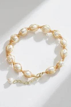 Pulseira de pérolas de água doce natural requintada dourada