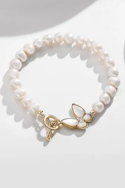 Pulseira Stretch Pérola Branca Brilhante com Borboleta