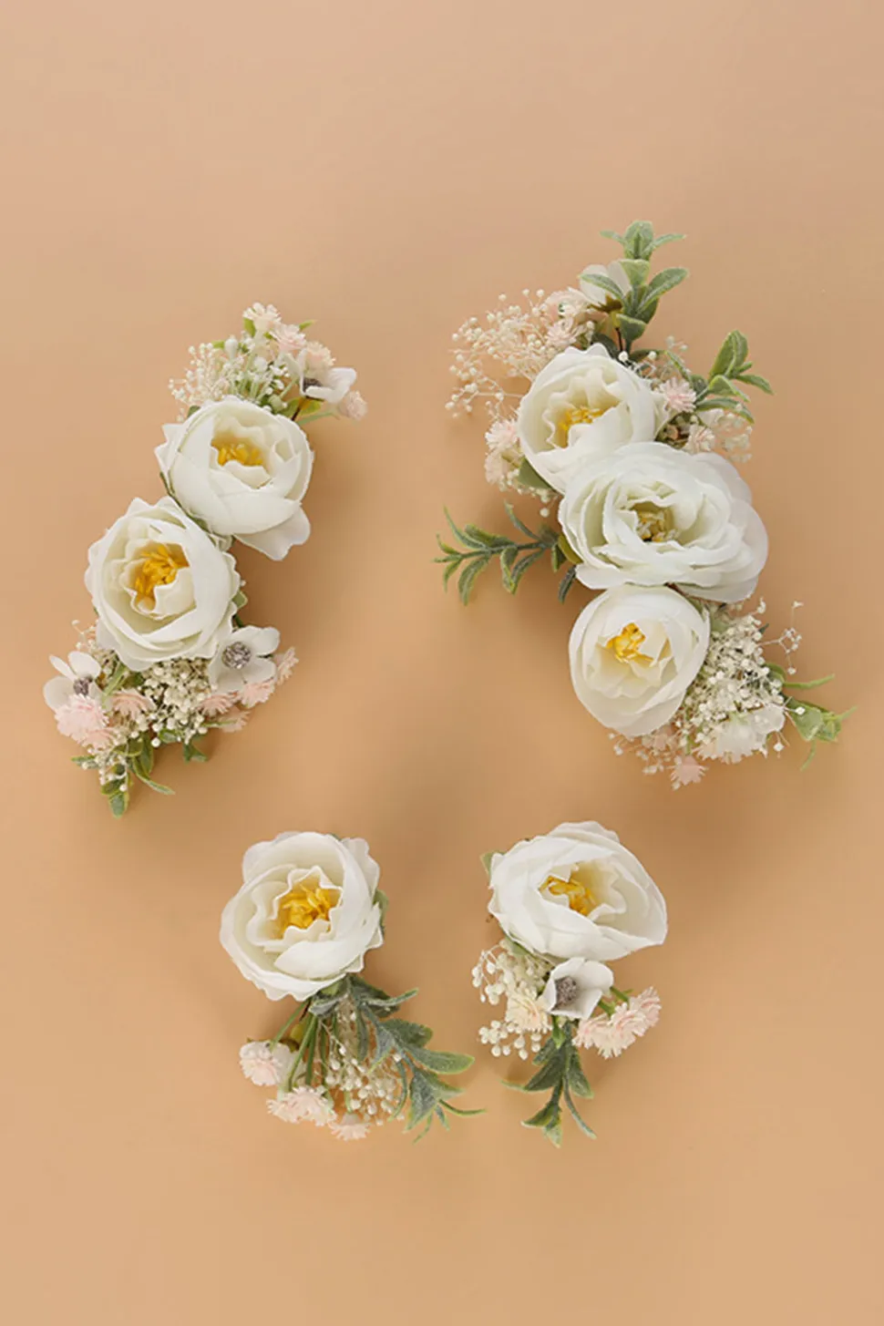 Pulso Branco Corsage Pulseira Floral Artesanal Verde Pente de Cabelo Floral Peça de Cabeça de Noiva