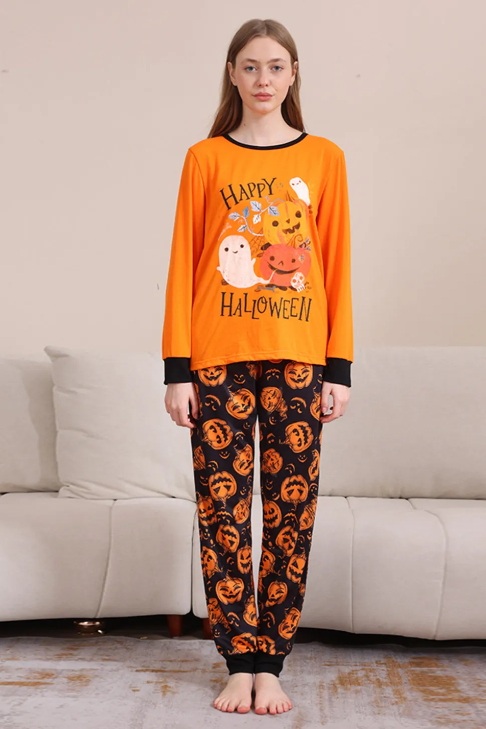 Pumpkin Print Laranja Halloween Família Pijamas set